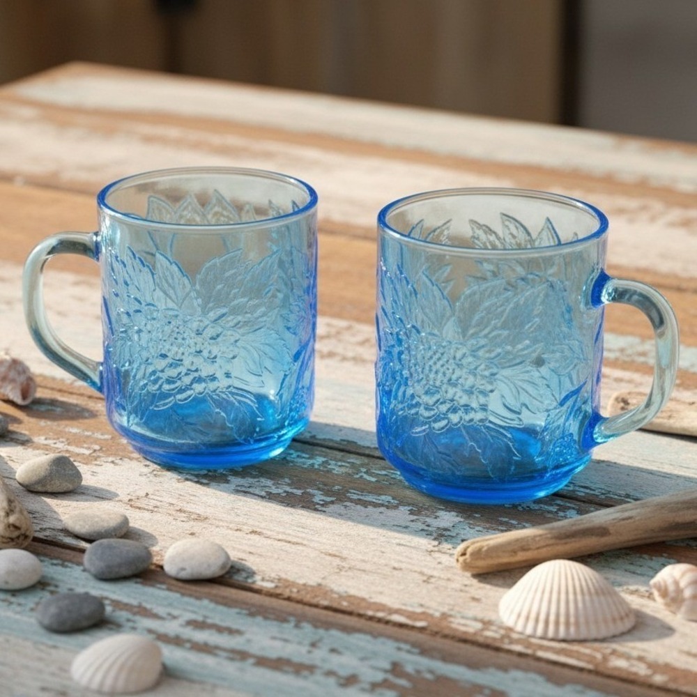 Kig Indonesia Blue Glass Cups, Set Of 2, Vintage Embossed Fruit Design Drinkware